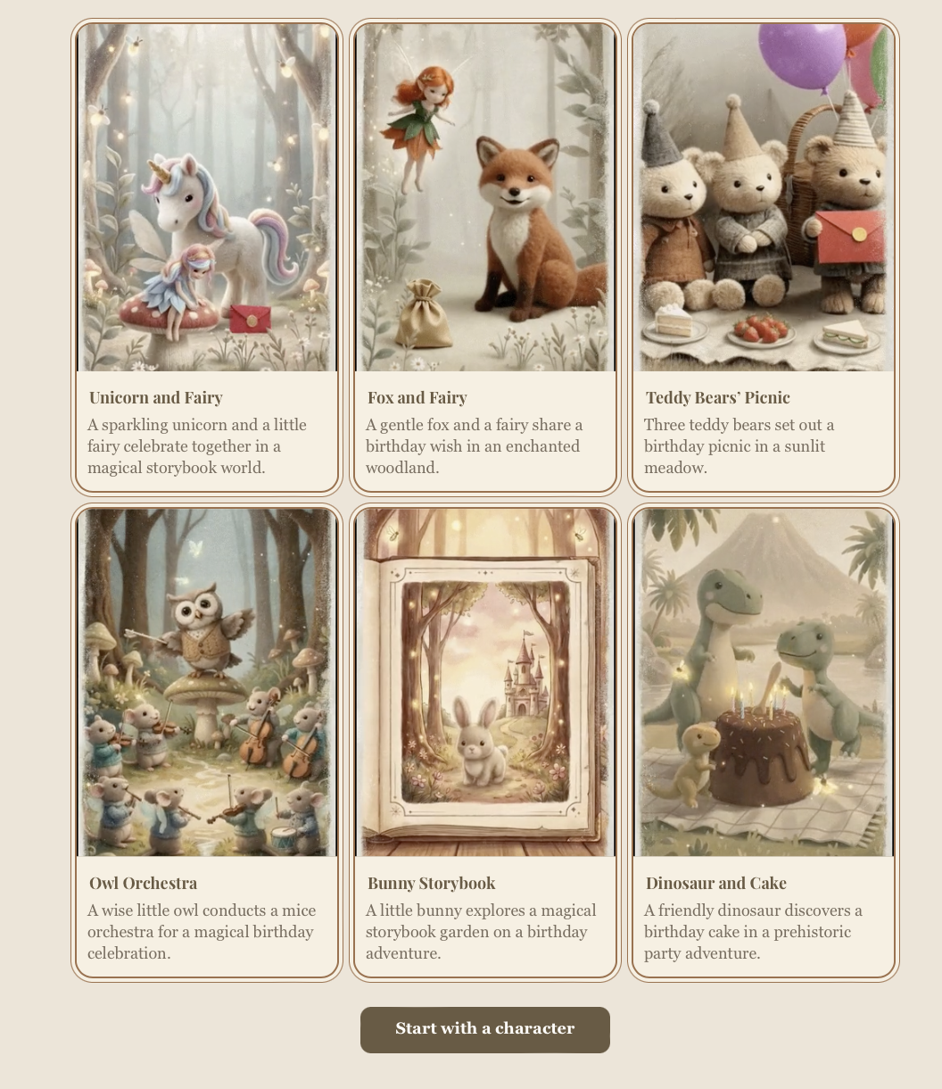 Character selection — six illustrated storybook characters including Unicorn and Fairy, Fox and Fairy, Teddy Bears Picnic, Owl Orchestra, Bunny Storybook, and Dinosaur and Cake