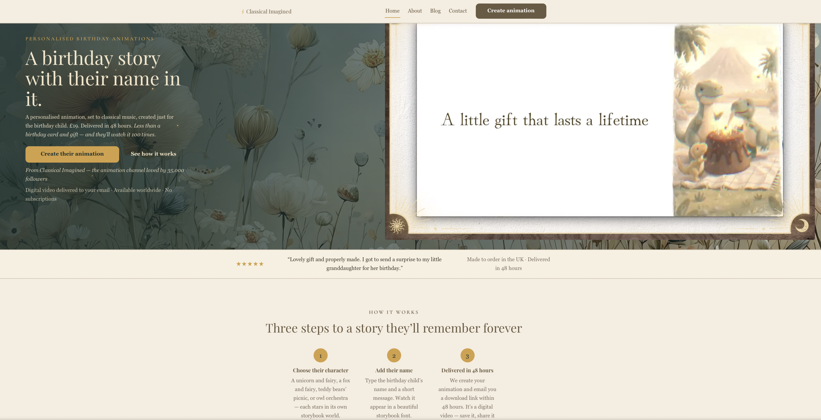 Classical Imagined homepage — A birthday story with their name in it, personalised storybook animations