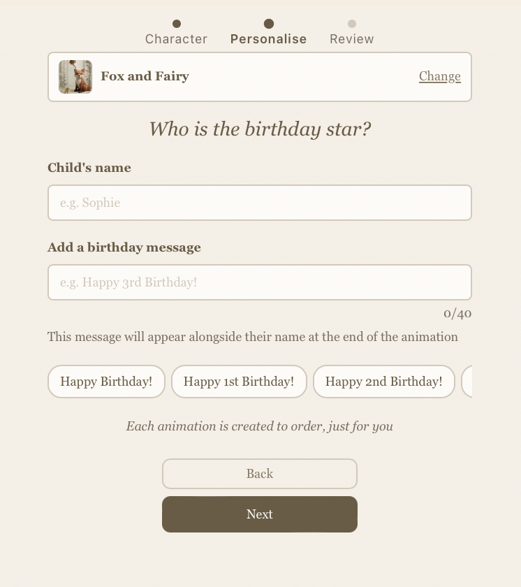 Personalisation step — enter the birthday child's name and choose a birthday message