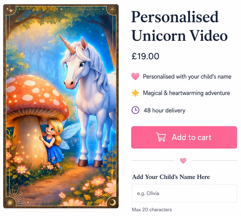 Classical Imagined personalised unicorn video product page showing customisation form