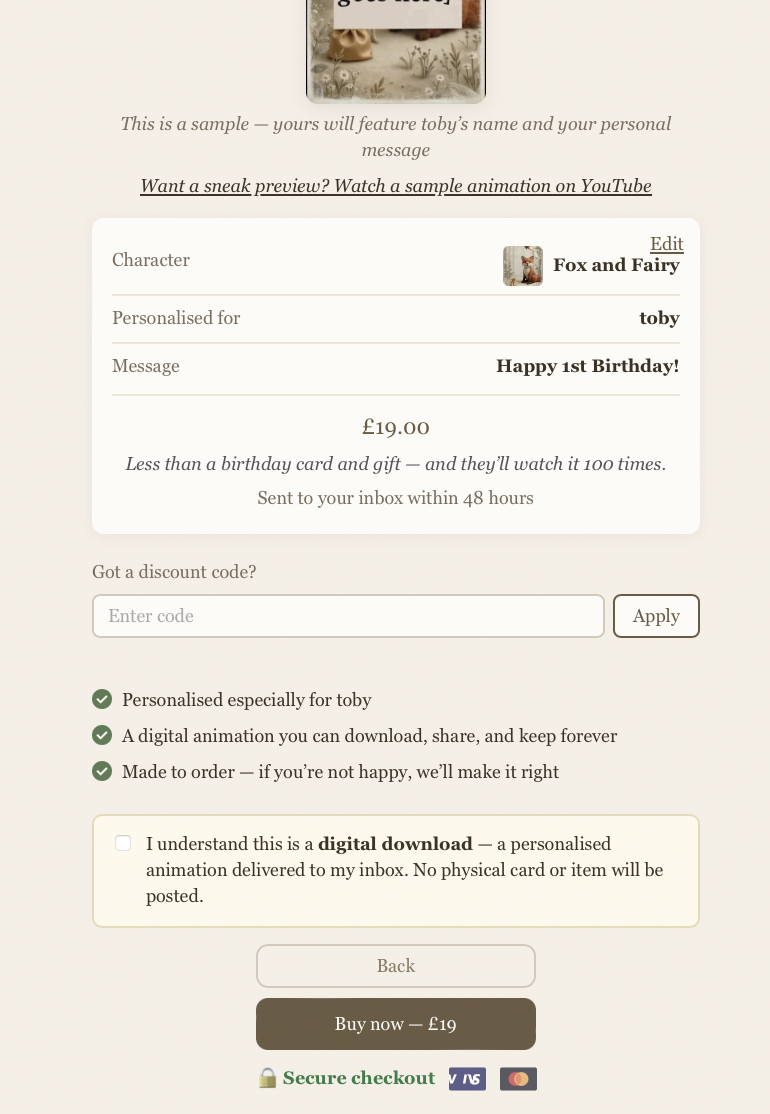 Review and checkout — order summary showing personalised animation details, pricing and secure checkout