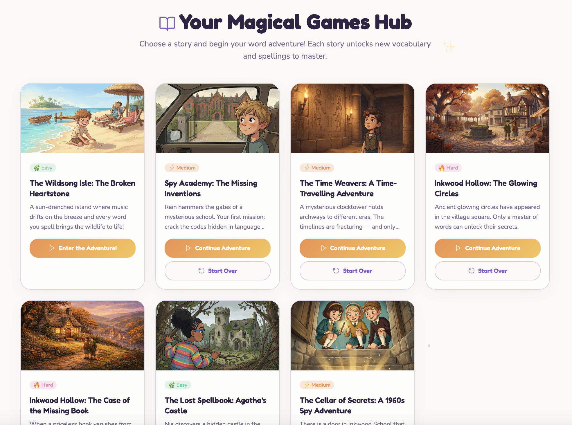 Your Magical Games Hub — adventure story cards where children choose their next vocabulary quest