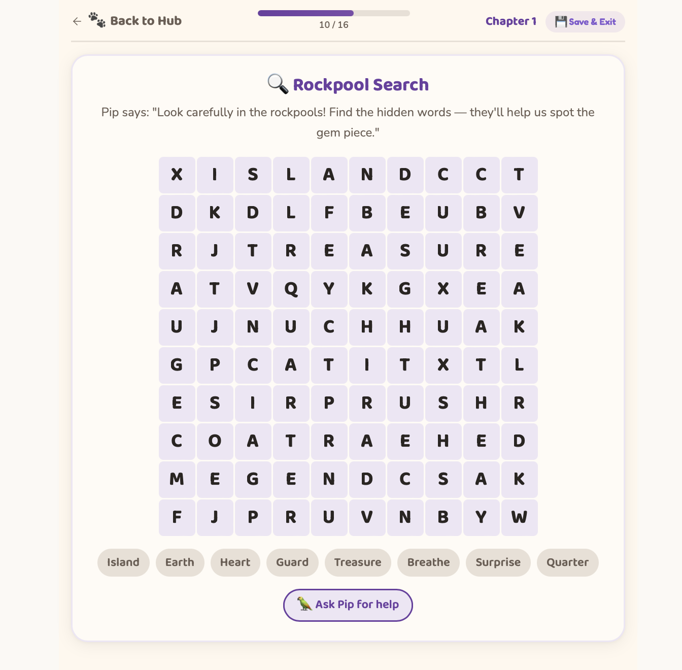 Rockpool Search interactive word game — children find hidden vocabulary words in a fun puzzle format