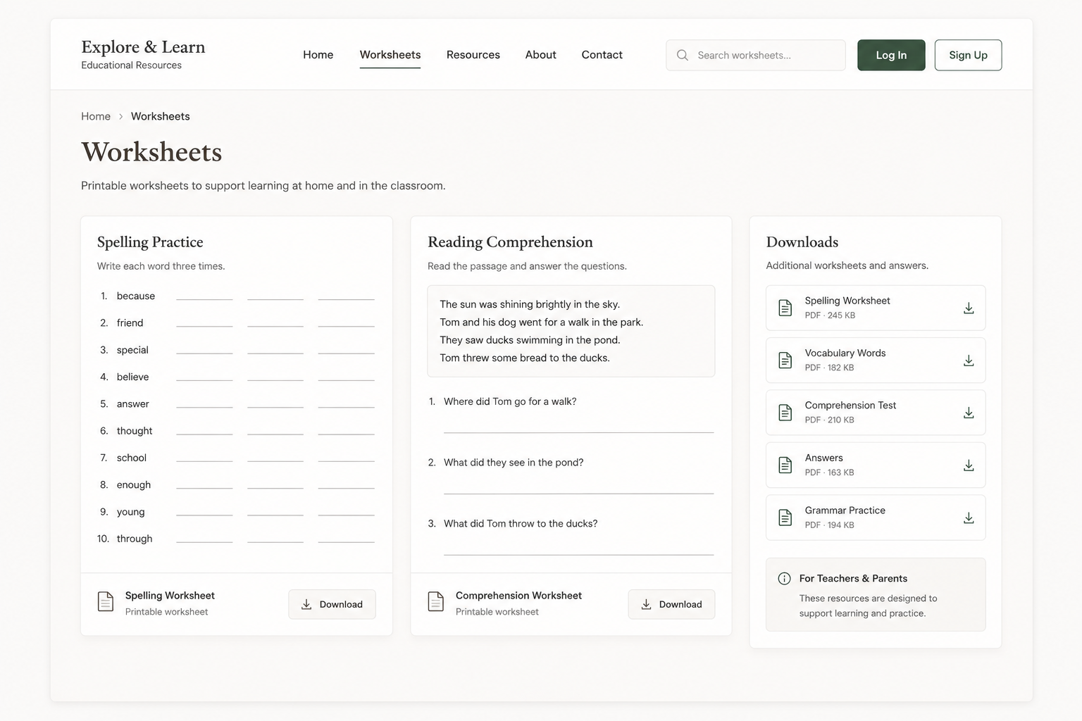 Traditional worksheet-based learning platform with spelling practice and reading comprehension exercises