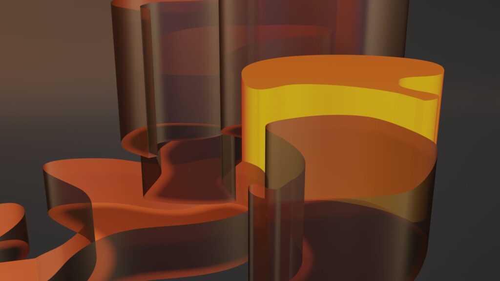 A modern abstract composition featuring layered translucent shapes in warm hues of orange and yellow.
