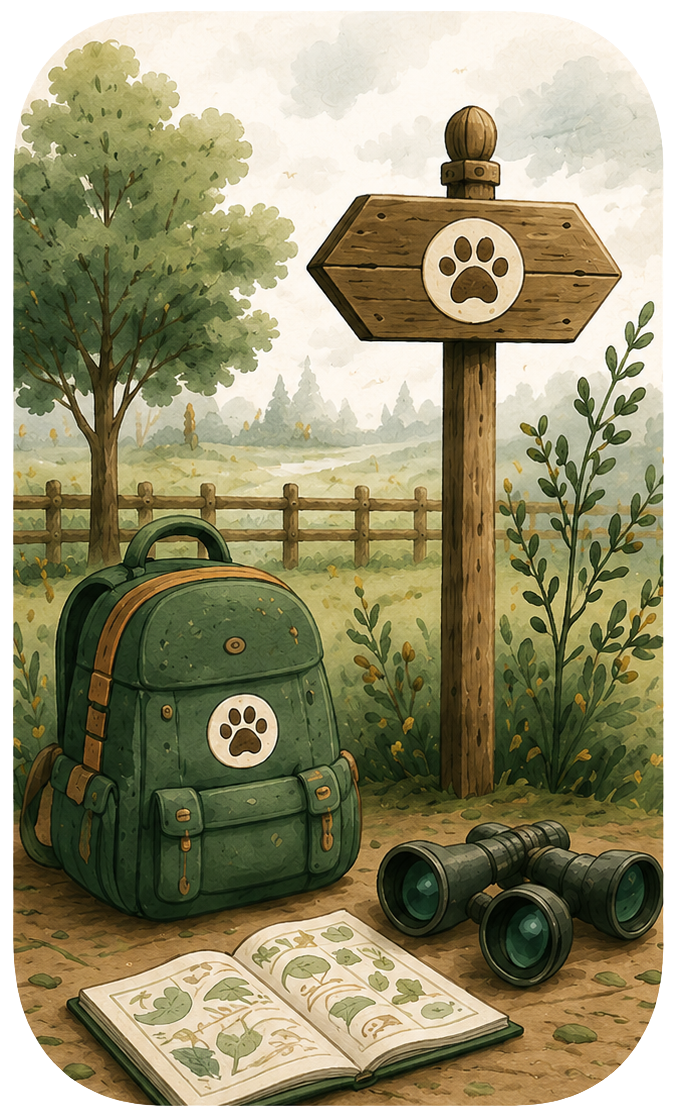 Illustrated woodland scene with backpack, signpost, binoculars and nature guide
